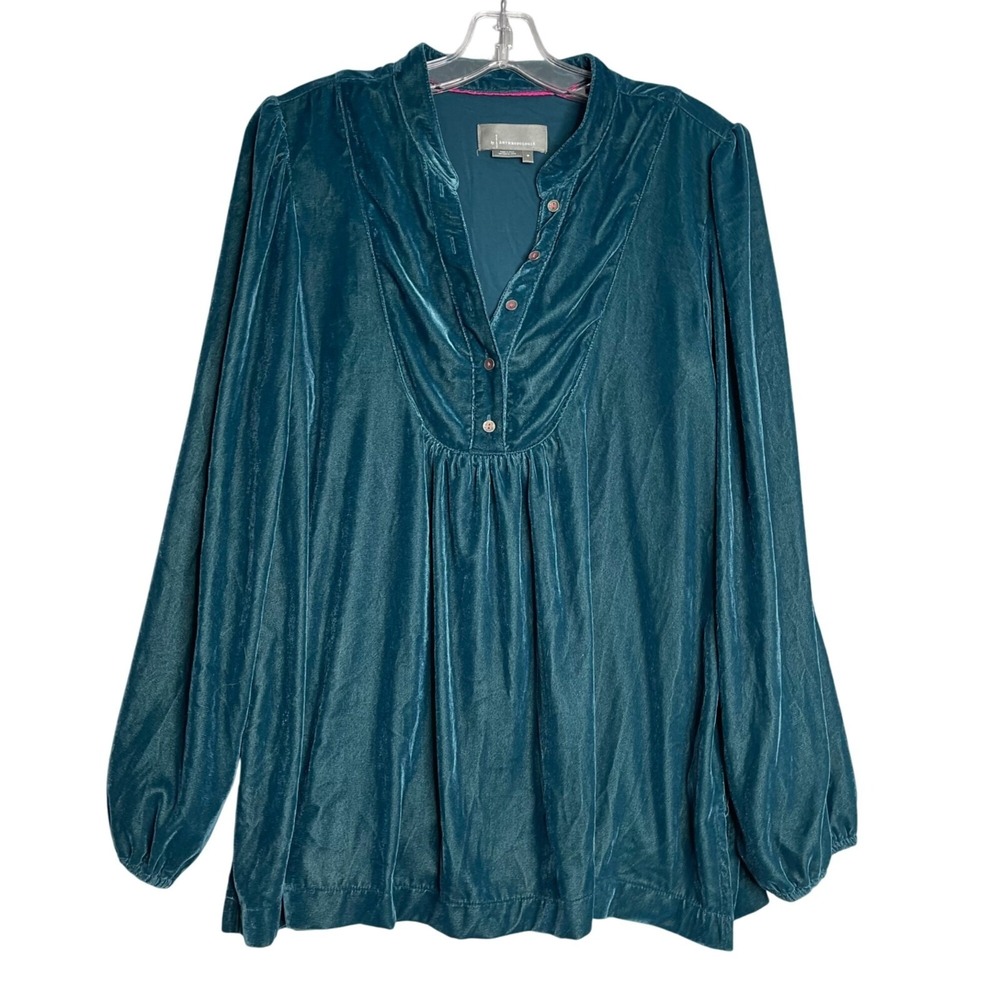 Anthropologie Velvet Blouse Womens Medium Teal Blue Long Sleeve Button Front Top